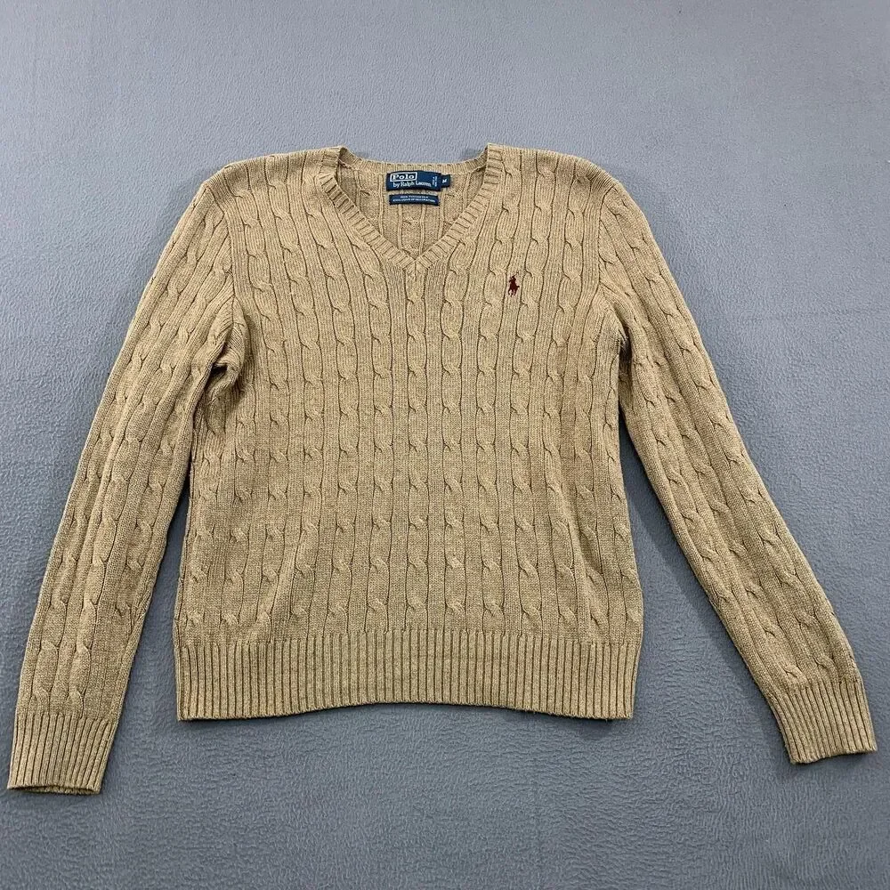 Polo Ralph Lauren Sweater Mens Medium Tan 100% Tussah Silk Cable Knit Pullover